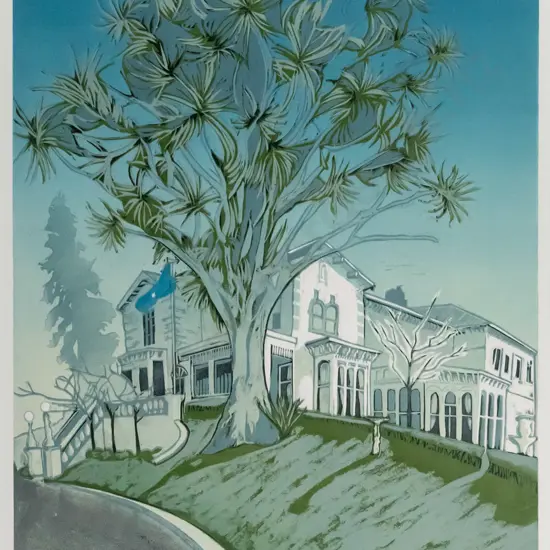 Manu Berry - framed woodcut 1/4 "Ti Kouka, the Dunedin Club" H-750 W-540