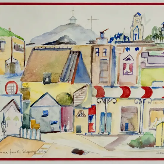 Denise McCulloch - framed watercolour and pencil - "Sumner from the Shopping Centre" H-230 W-400