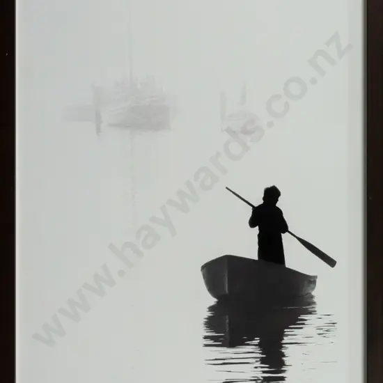 Lindsay McLeod - framed black and white photograph - person standing in dinghy H-680 W-380