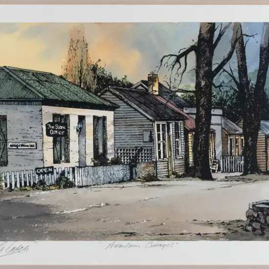 Peter G Leitch - framed hand coloured print - "Arrowtown Cottages" H-200 W-290