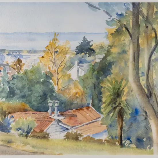 David Corballis - framed watercolour - rooftops among trees