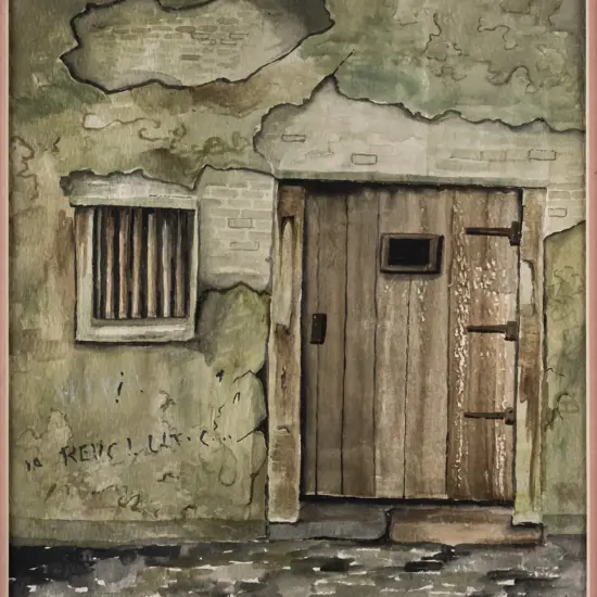 Frank Reed '85 - framed watercolour - old jail door and window H-220 W-190