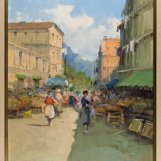 illegible signature - framed oil on canvas - market street scene H-390 W-285