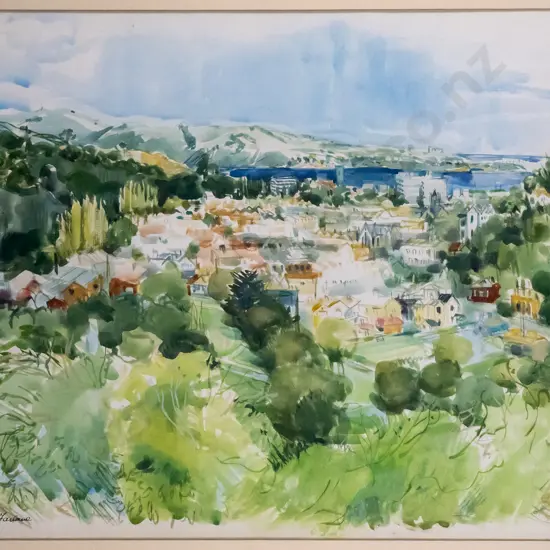 Shona McFarlane - framed watercolour - Dunedin from the Northern motorway  H-490 W-610