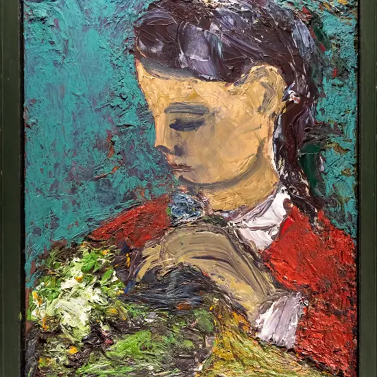 Brian James - framed oil - "mother & child in a spring garden" H-470 W-370