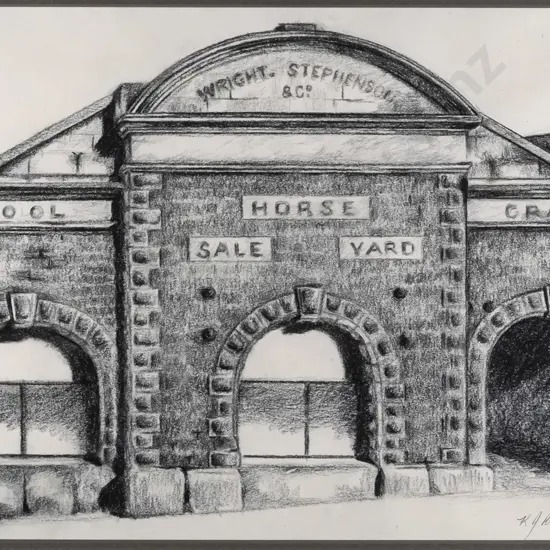 KJ Baldwin? 1988 - framed pastel - "Wright Stevenson & Co. Horse Sale Building" H-260 W-360