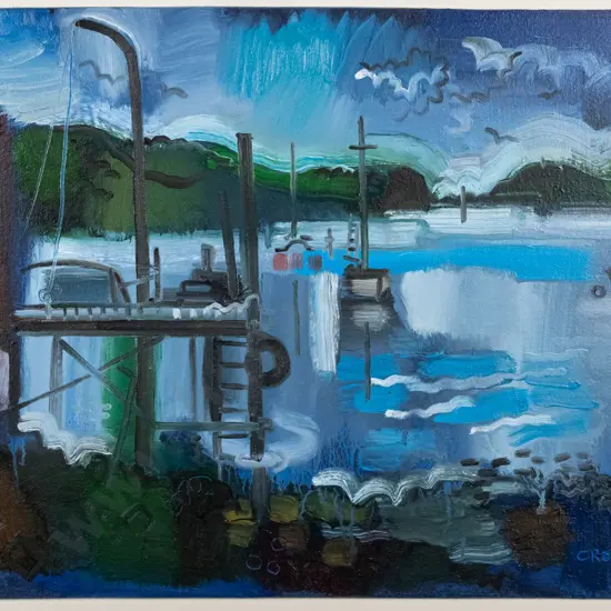 Lindsay Crooks - framed oil on board - "The Boom" H-395 W-495