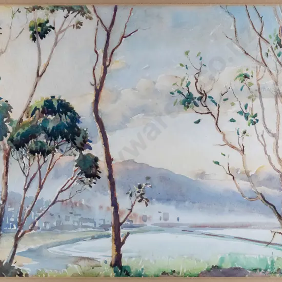 Kathleen Salmond - framed watercolour - Afternoon Light (Dunedin from Anderson's Bay) H-285 W-370
