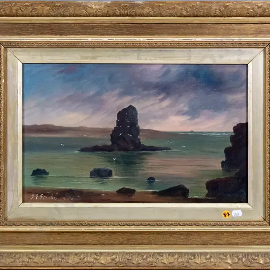Pruden 1909 - framed oil - coastal scene. H-240 W-390