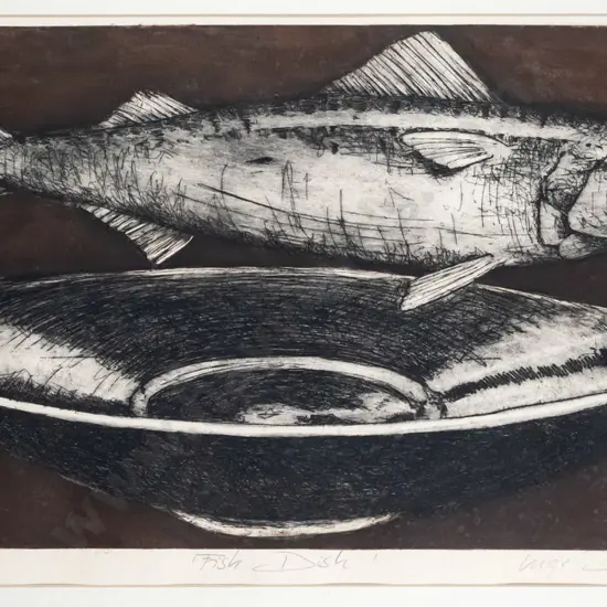 Inge Doesburg '93 - framed etching 3/8 - "Fish Dish" H-300 W-560