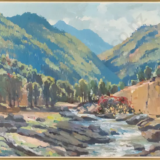Charlton Edgar - framed oil - "Morning Light, Tapu Valley, Coromandel" H-340 W-410