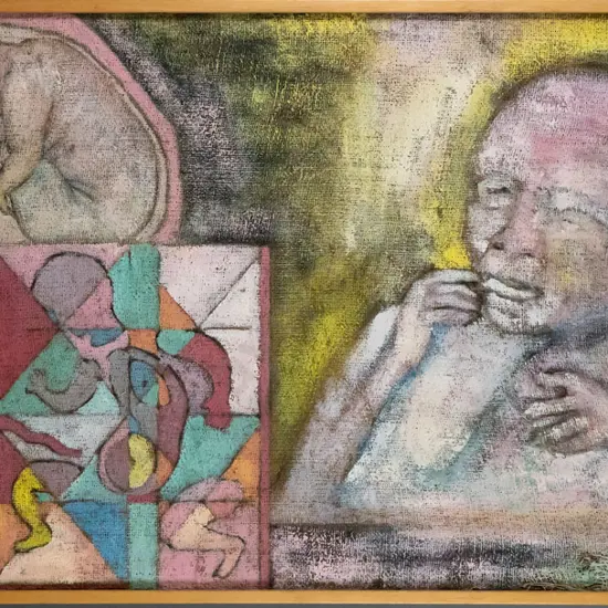 Jessica Crothall  1993 - framed acrylic on hessian on board - "Spare Parts" H-590 W-1200