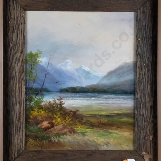 J.C. Veitch - framed oil - The Dart Valley Wakatipu - some debris under glass H-290 W-230