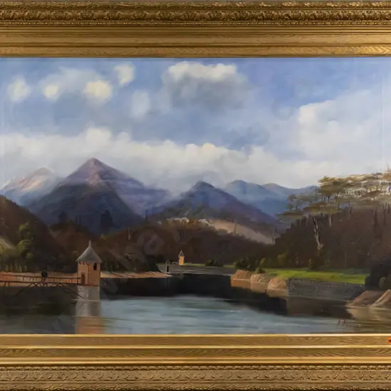 F Pruden 1900 - framed oil on canvas - city reservoir H-600 W-900