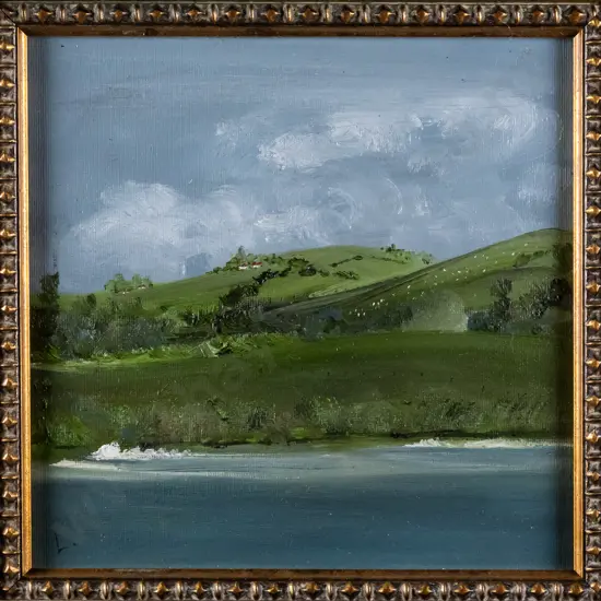 L Ledger - framed oil "Dunedin Harbour Waters Edge" H-190 W-190