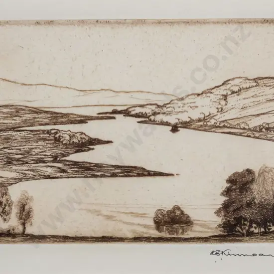 illegible signature - framed etching 6/250 - lake scene H-85 W-120