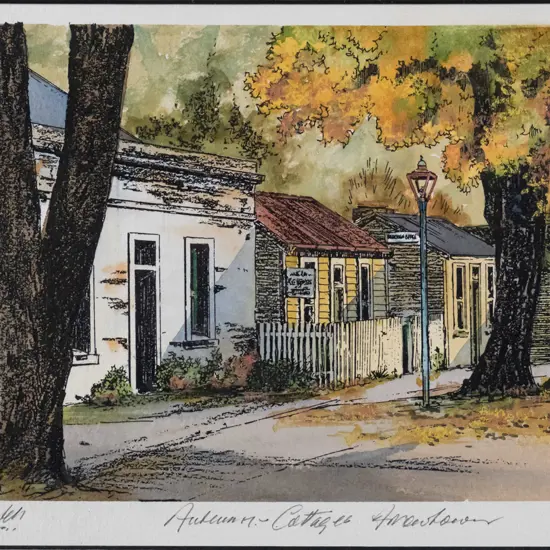 Peter G Leitch - framed hand coloured print - "Autumn Cottages Arrowtown" H-145 W-220