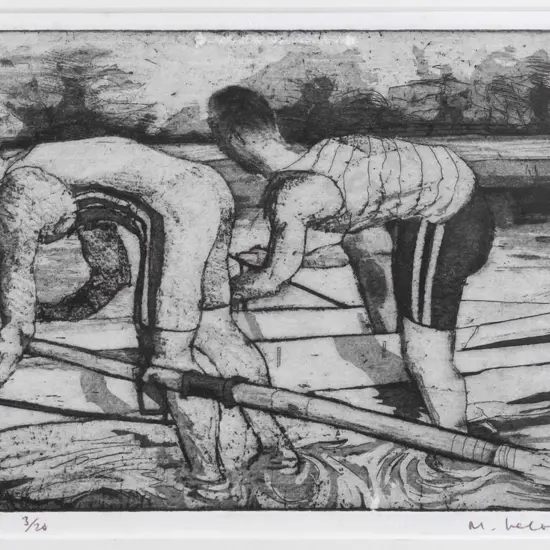 illegible signature '96 - framed etching 3/20 "Stepping Out" H-145 W-250