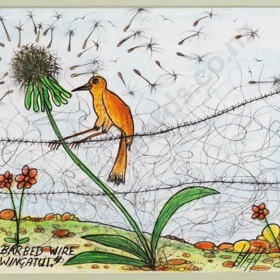 Ivan Hill c.1980  -mounted pencil & ink -"Bird on barbed wire fence" H-130 W-200