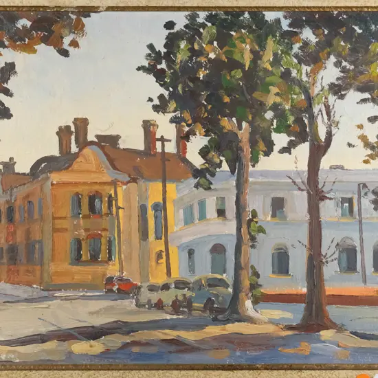 Mark Venables - framed oil - "Blues & Gold" H-300 W-350