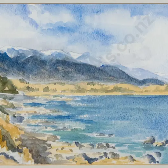 Jocelyn Dowle - framed watercolour - lake and mountain scene H-190 W-270