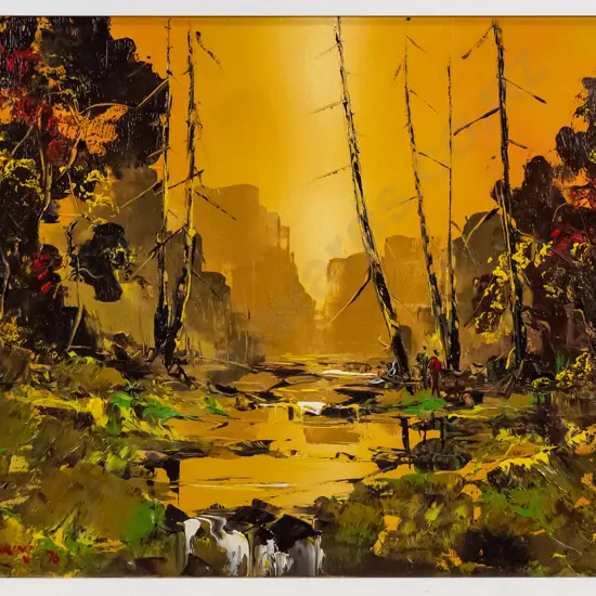 George Deakins '76 - framed oil - river and tree scene H-490 W-590