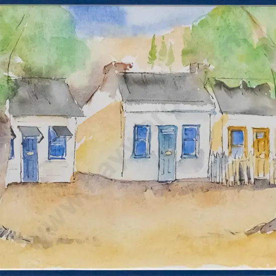 P.G. Rob - framed ink & watercolour - "Arrowtown Miners' Cottages" H-195 W-500