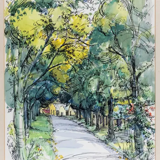 Shona McFarlane - framed ink & watercolour - Arrowtown H-310 W-220