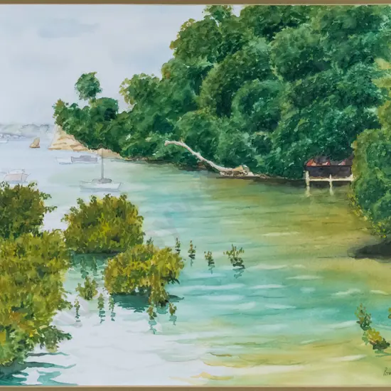 Brian Couldrey '93 - framed watercolour - Auckland inlet with boats H275 W390