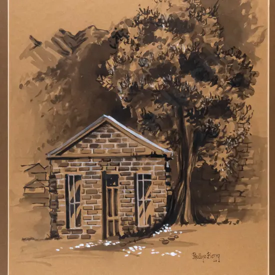 Pauline Berry (Bellamy) - framed watercolour - stone cottage H-370 W-280