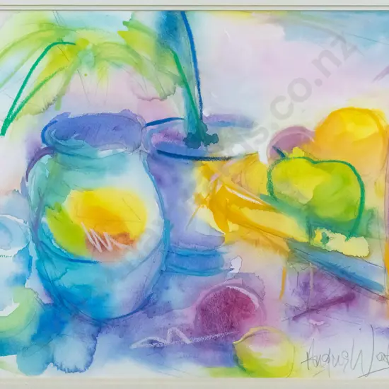 Angus Watson '94 - framed watercolour & pencil - still life. H-390 W-560