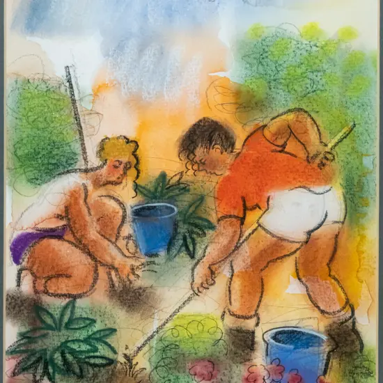 Lindsay Crooks - framed mixed media - people gardening H-280 W-220