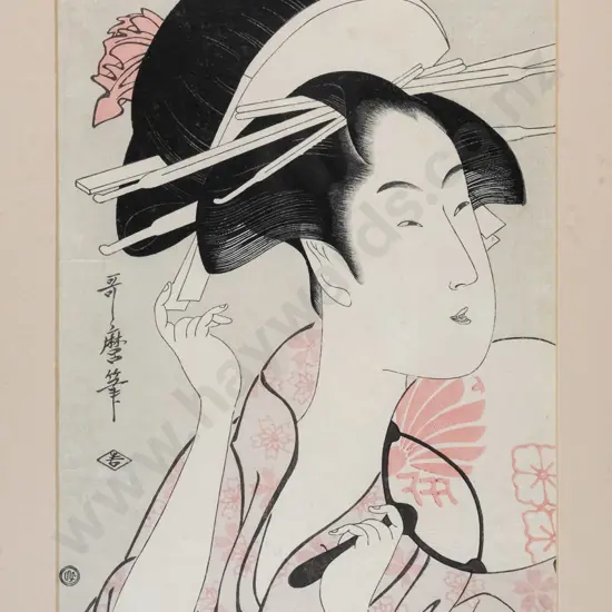 Kitagawa Utamaro? - framed Japanese woodblock print - female portrait H-270 W--185 (some staining to mat)