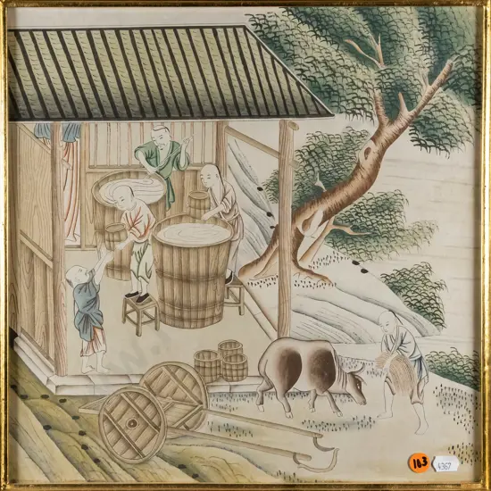 framed Japanese ink and watercolour - stirring vats - H-330  W-330