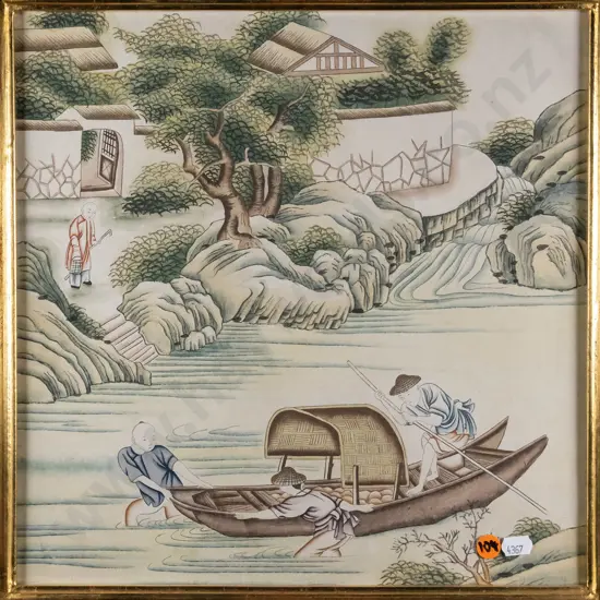 framed Japanese ink and watercolour - boat on water - H-330  W-330