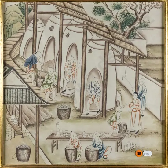 framed Japanese ink and watercolour - pottery works - H-330  W-330