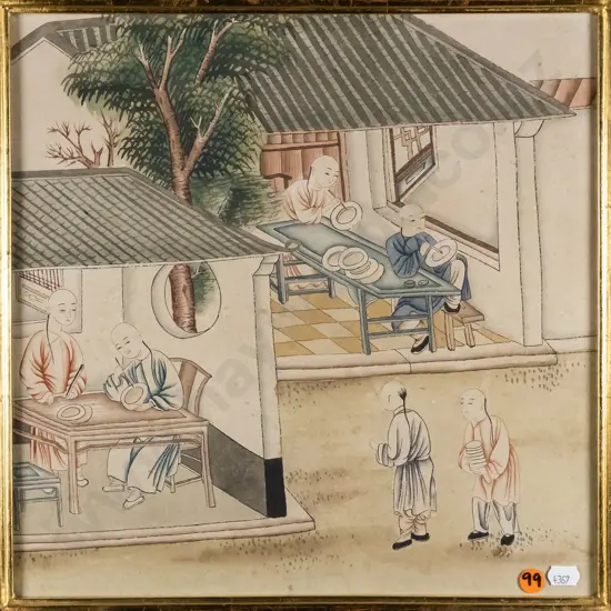 framed Japanese ink and watercolour - painting pottery - H-330  W-330