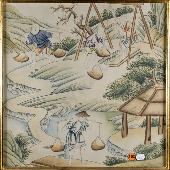 framed Japanese ink and watercolour - digging for clay - H-330  W-330