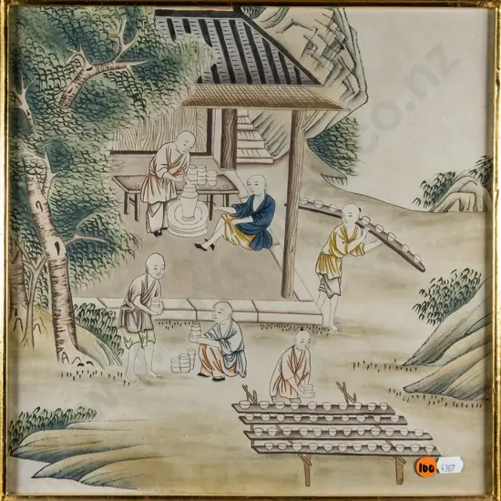 framed Japanese ink and watercolour - making pots - H-330  W-330