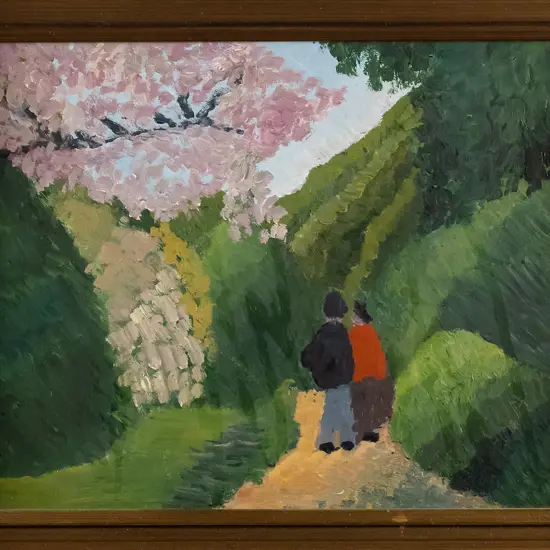 unsigned framed oil - people on path. H-195 W-240
