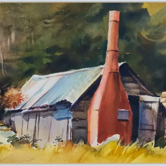 Brent Trolle - framed watercolour - "Stone Cottage" H-175 W-250