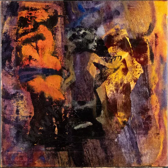 illegible signature - oil on boxed canvas - "She Whispered To Her" H-460 W-460