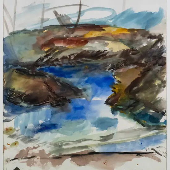 Anna Caselberg - framed watercolour - hills and river/lake H-410 W-380