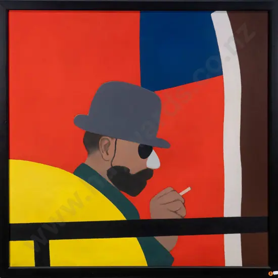 Eion Stevens 2/83 - framed acrylic on cheesecloth on board - "Aesthete surrounded by compositional devices" H-855 W-855