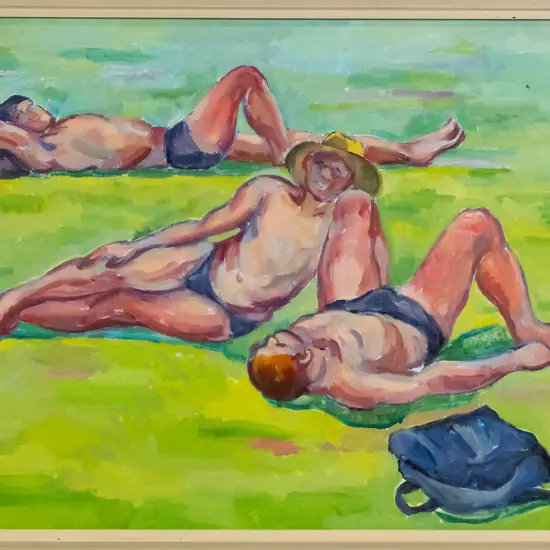 Sarah Rees 1997 - framed acrylic - "Sunbathers" H-390 W-490