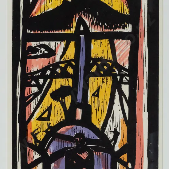 Nigel Brown 85 - framed hand coloured woodcut on paper 6/10 "Obelisk Harbour" H-540 W-300