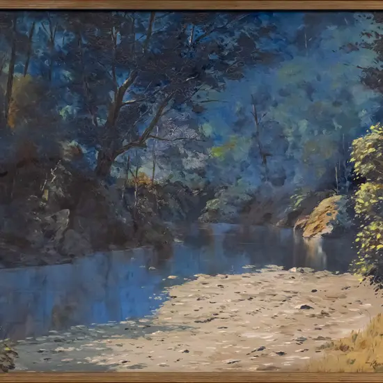 Kenneth Nelson 1979 - framed oil - "Still Water, Trotter's Gorge" - some aging to paint H-460 W-640