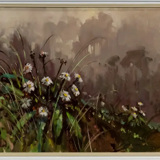 Peter Beadle 1979 - framed oil - "Mountain Daisies Fiordland" H-440 W-590
