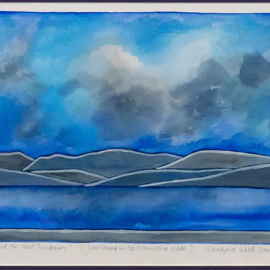 Marilynn Webb Dunedin '99 - framed mixed media - "Blue day at the West Eweburn" H-240 W-370