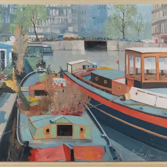 Charlton Edgar 75 - framed oil - "Barges Amsterdam" H-310 W-390